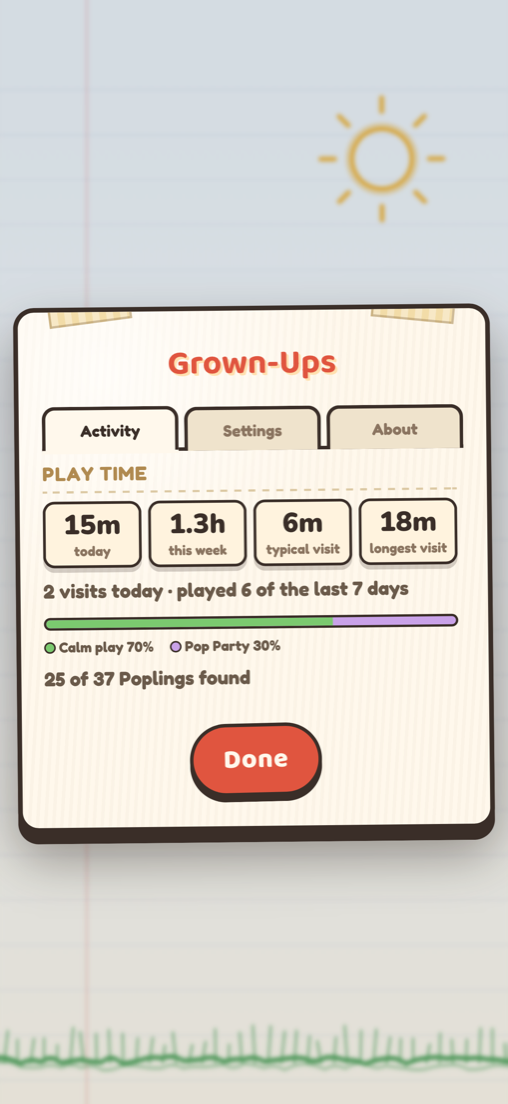 Poplings Grown-Ups screen showing a play time summary and settings tabs