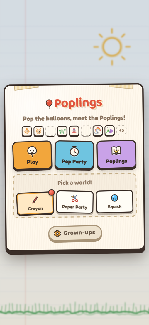 Poplings home screen with big Play, Pop Party and Poplings buttons