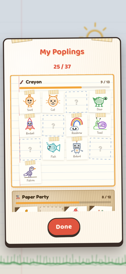 The My Poplings screen showing found Poplings and empty spots still to fill