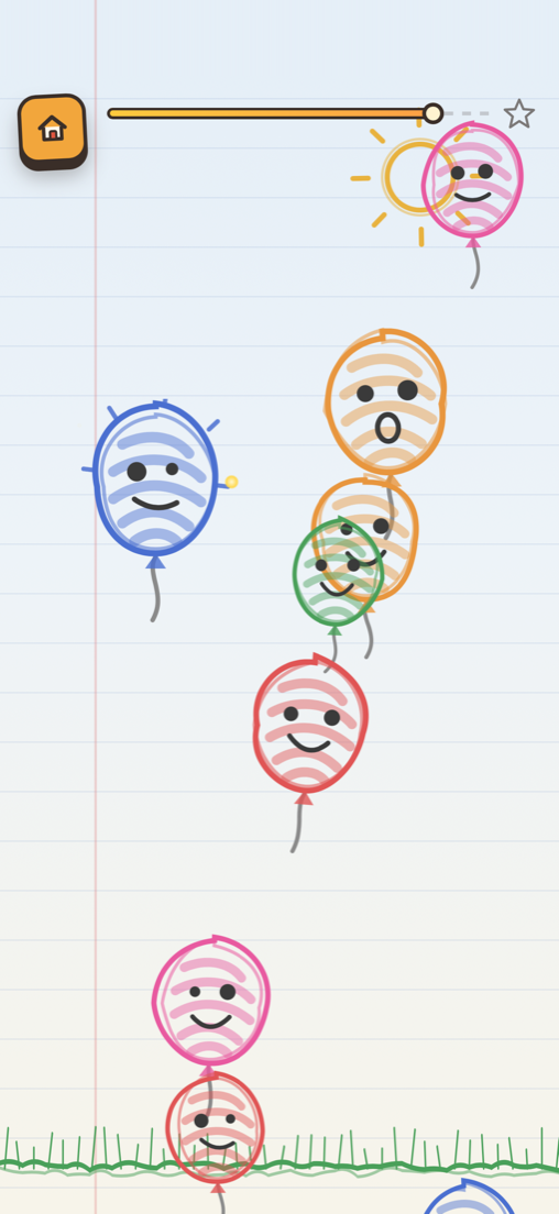 Poplings Crayon world: crayon-drawn balloons floating over a ruled notebook page
