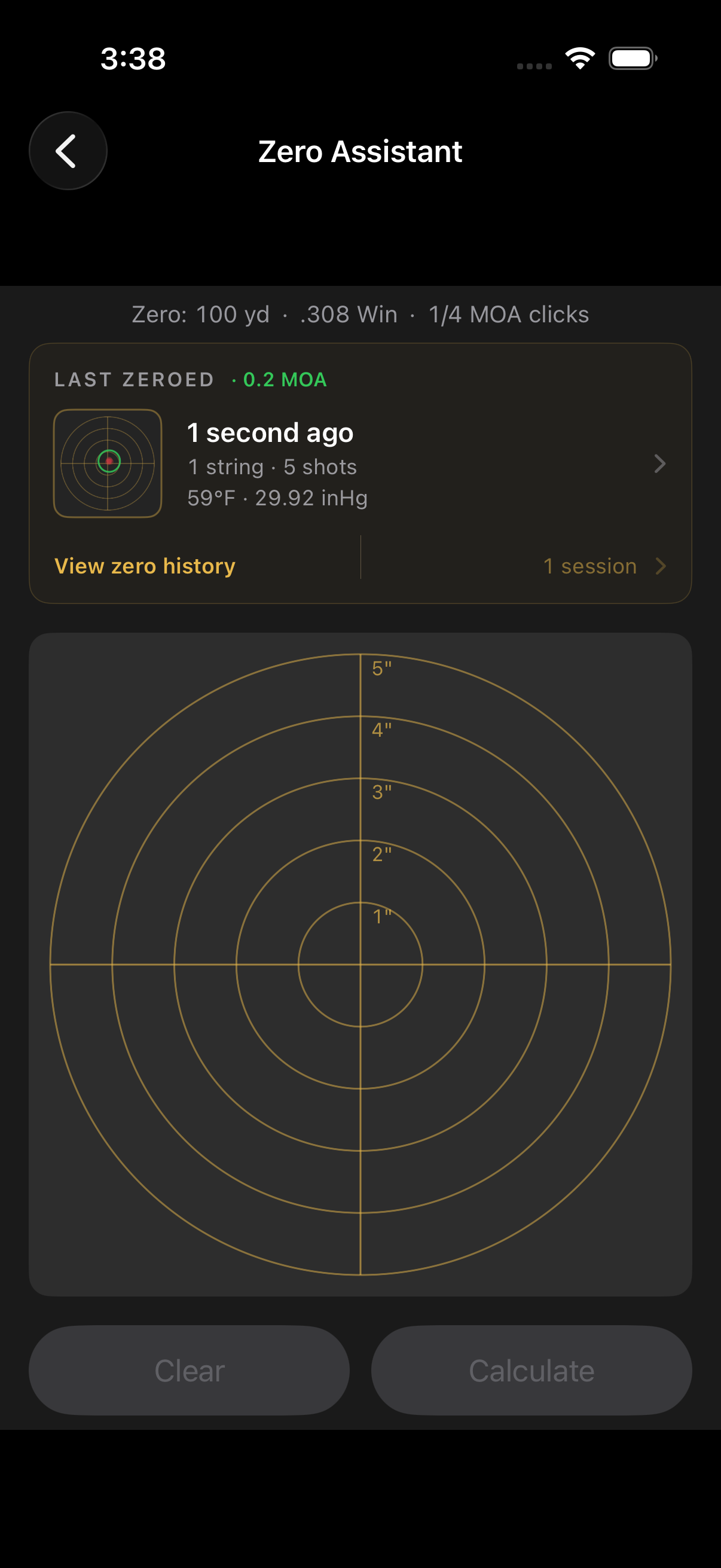 Holdover Zero Assistant with a plotted shot group and last-zeroed summary